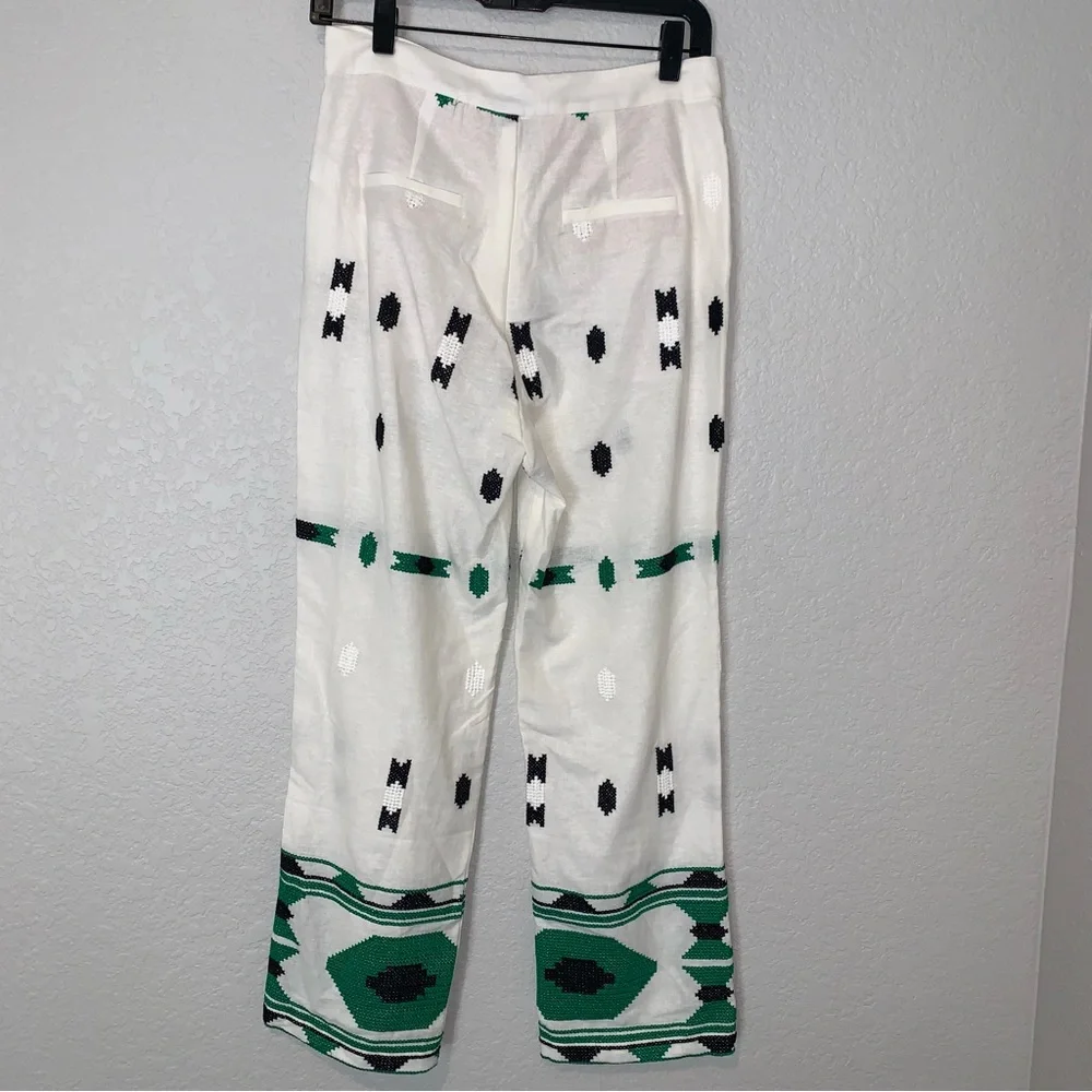 New Zara Embroidered White Linen Blend Pants 2731/259 Small Medium Blogger Fav